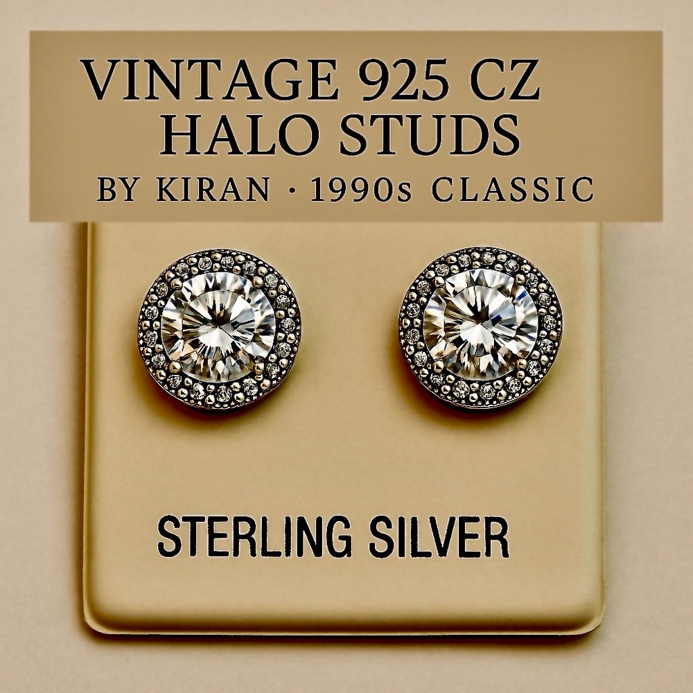 Sterling Silver CZ Halo Stud Earrings, Vintage,  1990s, Designer Earrings